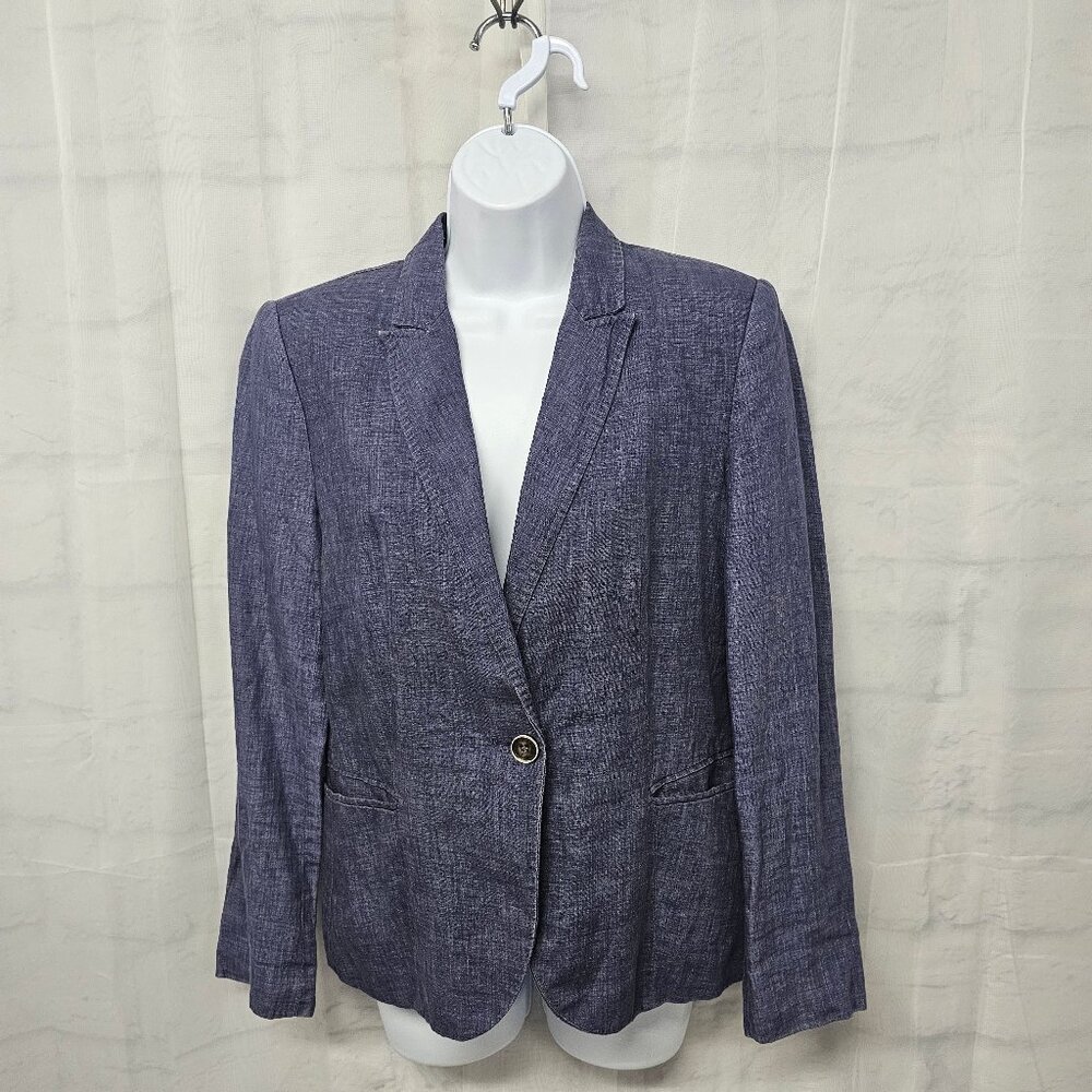 Zara Blue Linen Preppy Collegiate Academia Beach Classic Blazer L